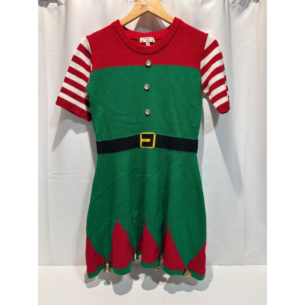 Merry Christmas by Poof Elf Sweater Dress Women Small Green Red Jingle Bells